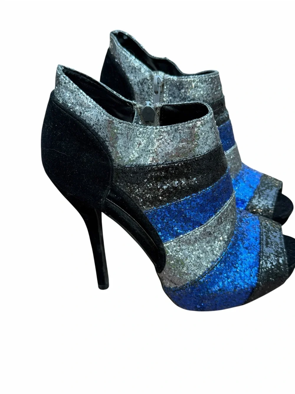 Vintage Y2K Deb Glitter Peep Toe Ankle Booties 5.5” Heel Blue Silver Sz 8.5
